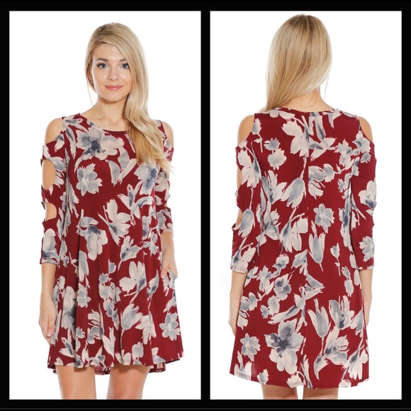 Burgundy Floral Cut Out Shift Dress - Picture 6 of 7